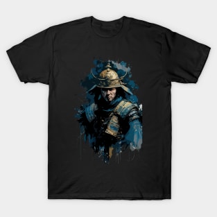 Japanese Samurai in Costume with Sword in Front View Ink Painting Style T-Shirt